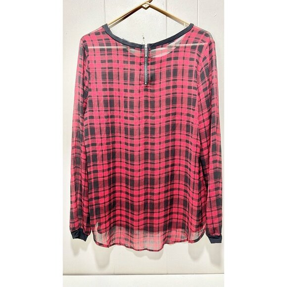 Womens Blouse XL Sheer Plaid Red Casual Lightweight Long Sleeves - Picture 3 of 6